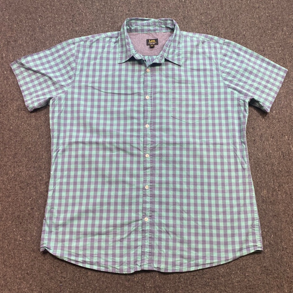 Lee Gingham Button Down Shirt Sz XXL Men Green Purple Skater Pocket Short Sleeve